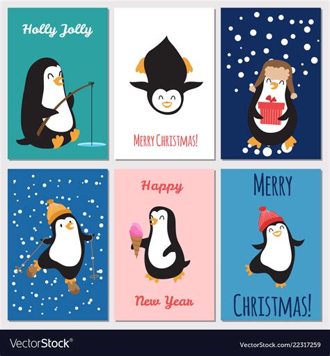 Holidays greetings cards cute penguins Royalty Free Vector