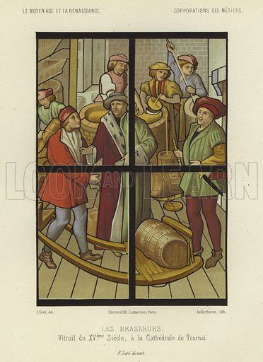 Brewers, stained glass from Tournai Cathedral, Belgium, 15th … stock ...