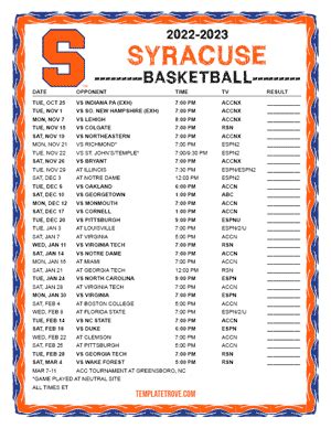 Printable 2022-2023 Syracuse Orange Basketball Schedule