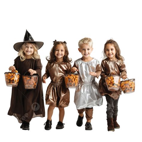 Group Of Children In Halloween Costumes Asking For Sweets While Going To Houses, Costume Party ...