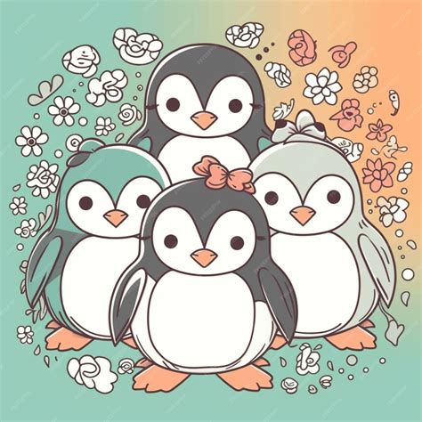 Premium AI Image | A drawing of three penguins with a bow on their head.