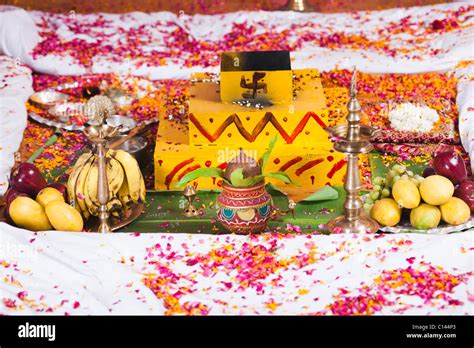 High angle view of a havan kund at the wedding mandap during South Indian wedding ceremony Stock ...