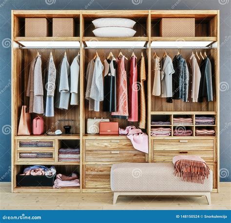 Modern Wooden Wardrobe with Clothes Hanging on Rail in Walk in Closet ...