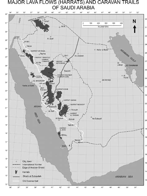 Map showing the major lava fields of Saudi Arabia and two old caravan ...