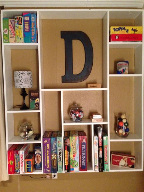 Game room shelf hubby made | Room shelves, Game room, Decor