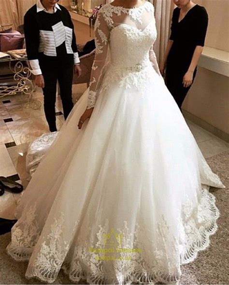 Ivory Lace Bodice Ball Gown Wedding Dress With Sheer Long Sleeve | Vampal Dresses