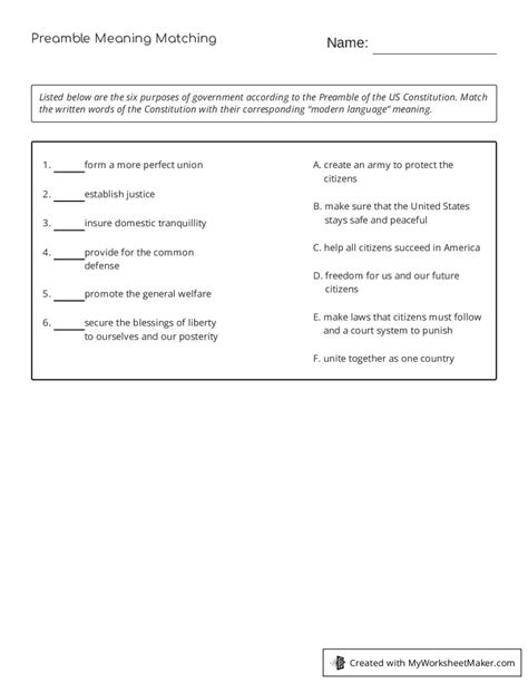 Preamble Meaning Matching - My Worksheet Maker: Create Your Own Worksheets