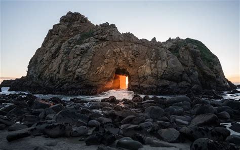 Download wallpapers Big Sur, rock, Pfeiffer Beach, sunlight, sunset, California, USA for desktop ...