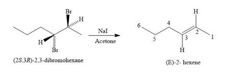 When (2S, 3R)-2,3-dibromohexane undergoes reaction with sodium iodide in acetone, the product is ...