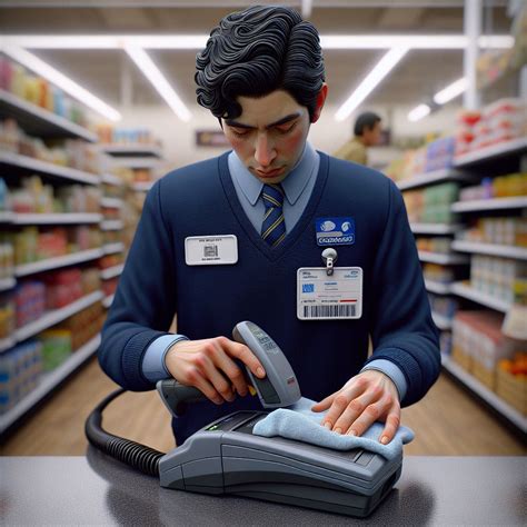 Hispanic Supermarket Employee Cleaning Barcode Scanner with Focus | AI Art Generator | Easy-Peasy.AI