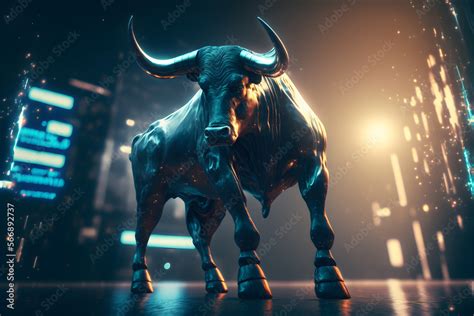 3d bull statue standing as a representation of market rise or shares ...