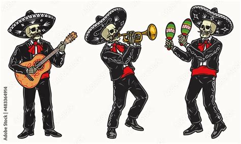 Mariachi skeleton band with musical instruments Stock Vector | Adobe Stock