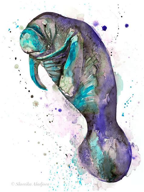 Blue manatee watercolor painting print by Slaveika Aladjova, art ...