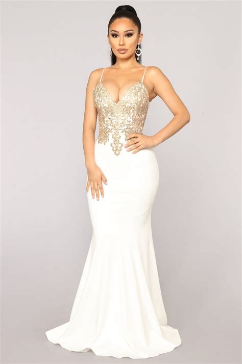 White Dress Fashion Nova | Cream prom dresses, Embellished dress, Cream wedding dresses