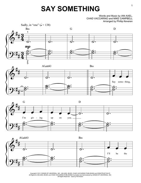 Say Something sheet music by A Great Big World and Christina Aguilera (Piano (Big Notes) – 162121)