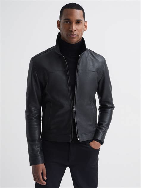 Zip Through Leather Jacket in Black - REISS