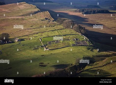 An aerial view of the Housesteads Roman Fort on Hadrian's Wall ...