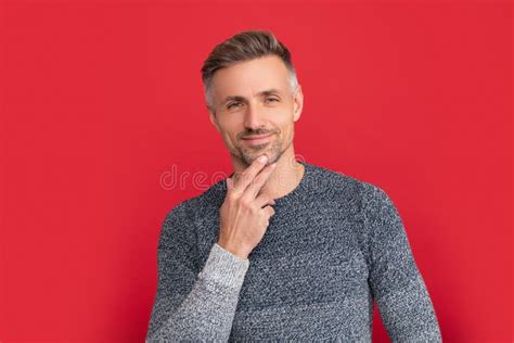 Smiling Handsome Man Wear Sweater on Red Background, Portrait Stock Photo - Image of lifestyle ...