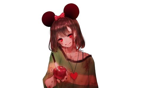 HD wallpaper: yandere girl, apple, knife, smirk, red eyes, ribbon, Anime | Wallpaper Flare