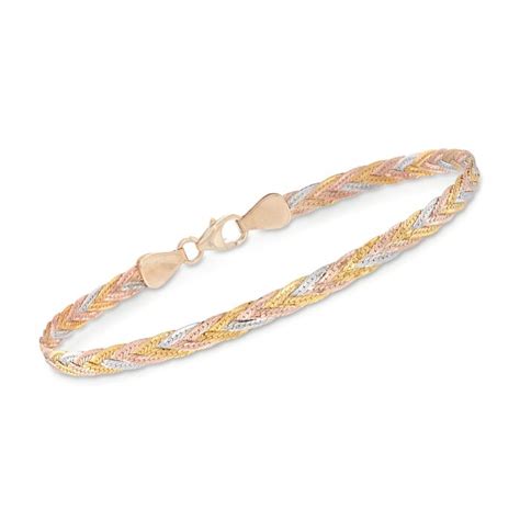 Italian 14kt Tri-Colored Gold Braided Herringbone Bracelet. 8" | Ross-Simons