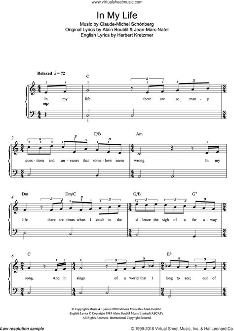 Schonberg - In My Life (from Les Miserables) sheet music for piano solo ...