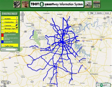 Nashville, TN Flooding - TDOT traffic conditions map. Roads marked in ...