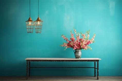 Premium Photo | A blue wall with a vase of flowers and a table with a blue wall