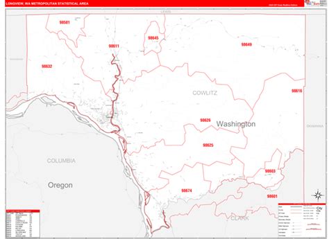 Longview, WA Metro Area Wall Map Red Line Style by MarketMAPS - MapSales