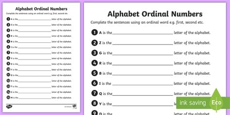 Alphabet Ordinal Numbers Worksheet (teacher made) - Twinkl