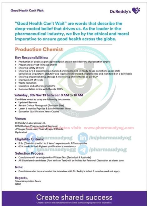 Dr Reddy's laboratories | Walk-in at Hyderabad for Production on 9 Nov 2019 | Pharma Jobs ...