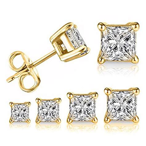 Square Princess Cut diamond stud earrings zirconia 14k gold