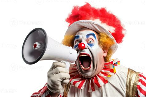 Happy clown screaming into loudspeaker making wide steps isolated on white background ...