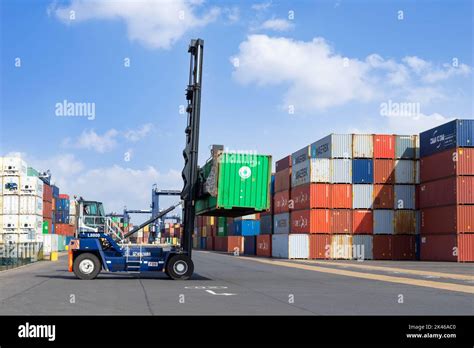 Shipping containers moving by forklift for distribution Port of ...