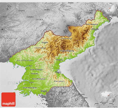 Physical 3D Map of North Korea, desaturated