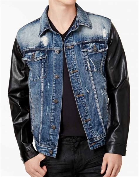 Blue Denim Jacket Mens | Faux Leather Black Sleeves