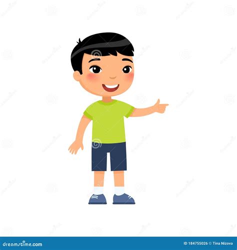 Little Asian Boy Pointing with Index Finger Flat Vector Illustration. Stock Vector ...