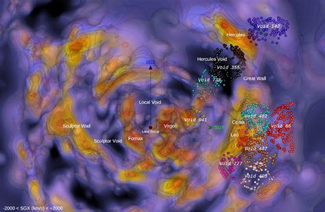 Map of a sample void against the reconstructed CosmicFlows-3 density ...