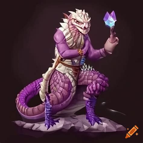 Albino lizardfolk warlock with purple crystal