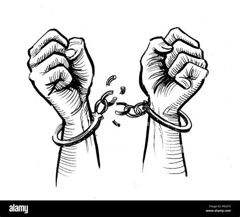 Hands breaking chains. Ink black and white drawing Stock Photo - Alamy