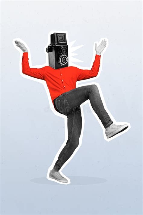 Vertical Photo Artwork Collage of Young Headless Funny Guy Cameraman Dancing Enjoy Photo ...