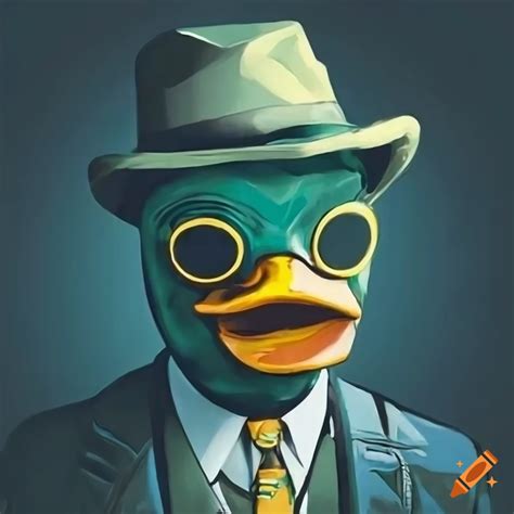 Retro man wearing a duck mask and mafia hat