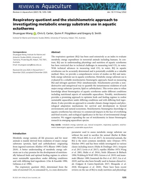 Respiratory Quotient and The Stoichiometric Approach To Investigating Metabolic Energy Substrate ...