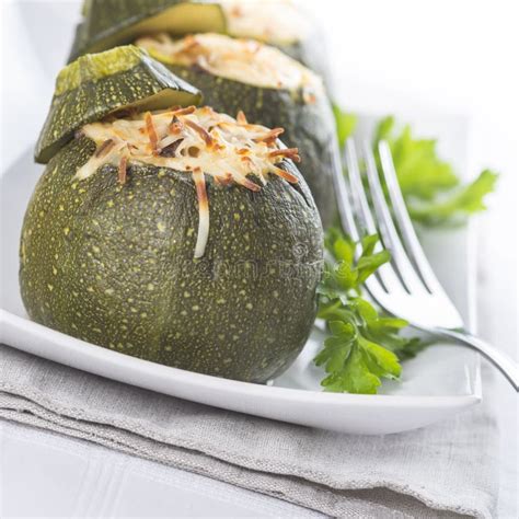 Stuffed Round Courgettes with Grated Cheese Stock Photo - Image of ...