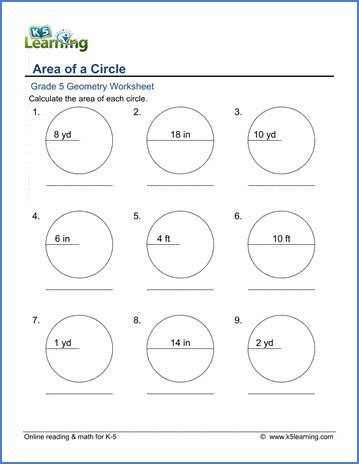 Grade 5 Geometry Worksheets: Area of circles | K5 Learning