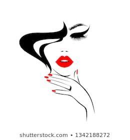 Beautiful woman face with red lips, lush eyelashes, hand with red manicure nails, hairstyle ...