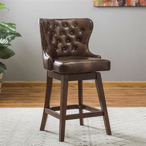 Traditional Wingback Tufted Brown Leather 26" Seat Swivel Counter Stool ...