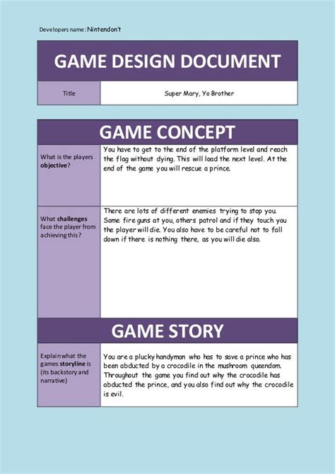 Game design document filled in