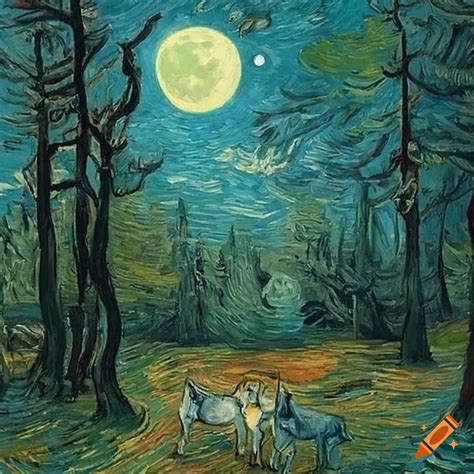 A wolf, moon, forest, by van gogh on Craiyon