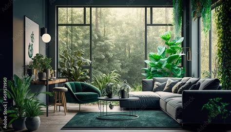 Video conference, zoom background: a modern stylish living room with plants, Generative AI Stock ...