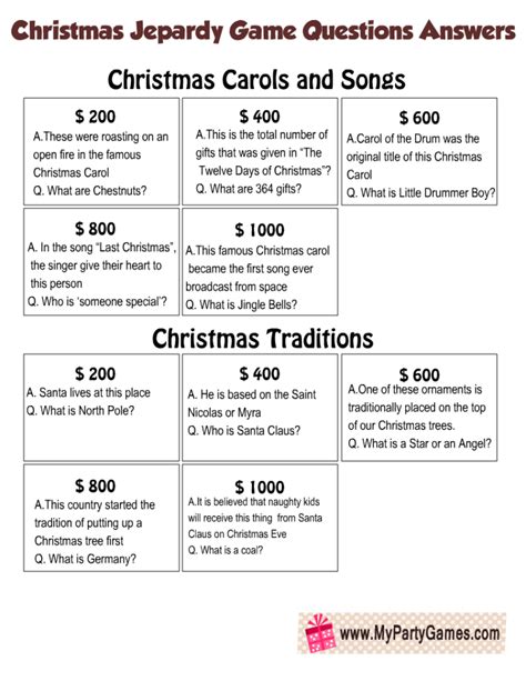 Free Printable Christmas Jeopardy Game Board and Question Cards